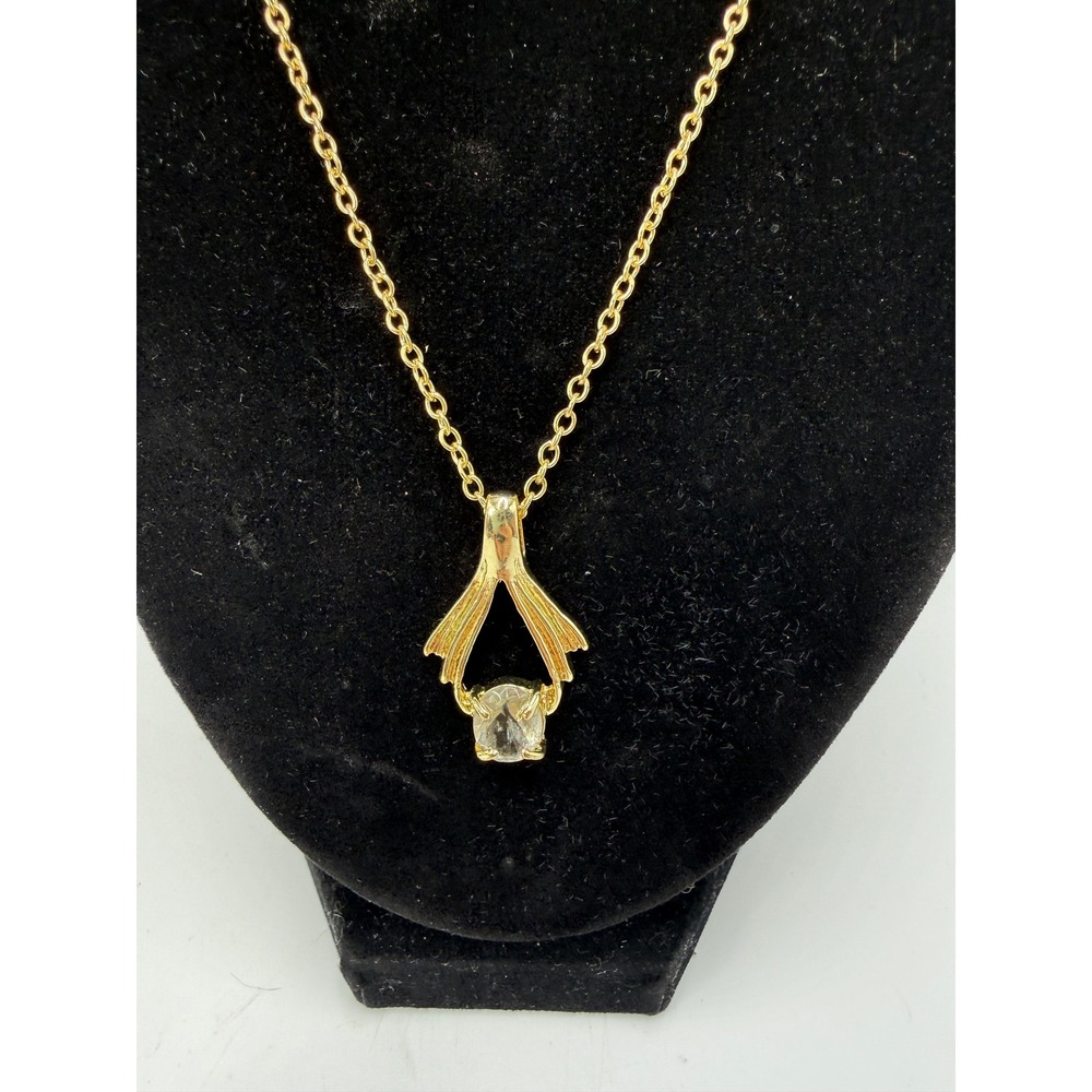 Gold Tone‎ Wishbone Pendant Necklace Oval Clear Stone 20 Inch Chain